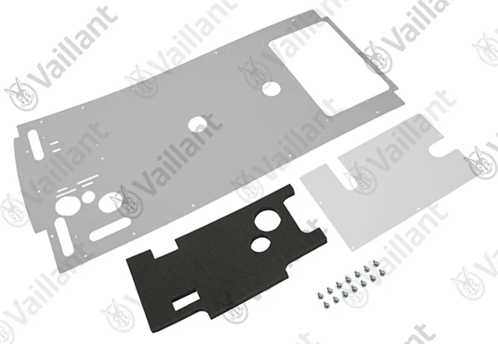 Vaillant Rückwand mit isolierendem Element und mehreren Metallblechen, zusammen mit Schrauben für die Montage.